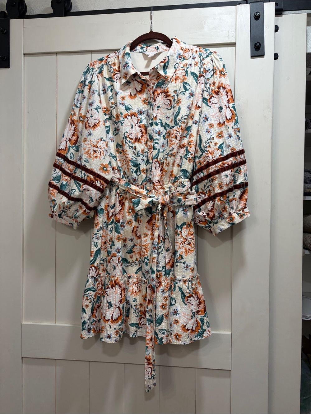 LC Lauren Conrad Cream Floral Tie-Waist Mini Dress with Rust and Teal